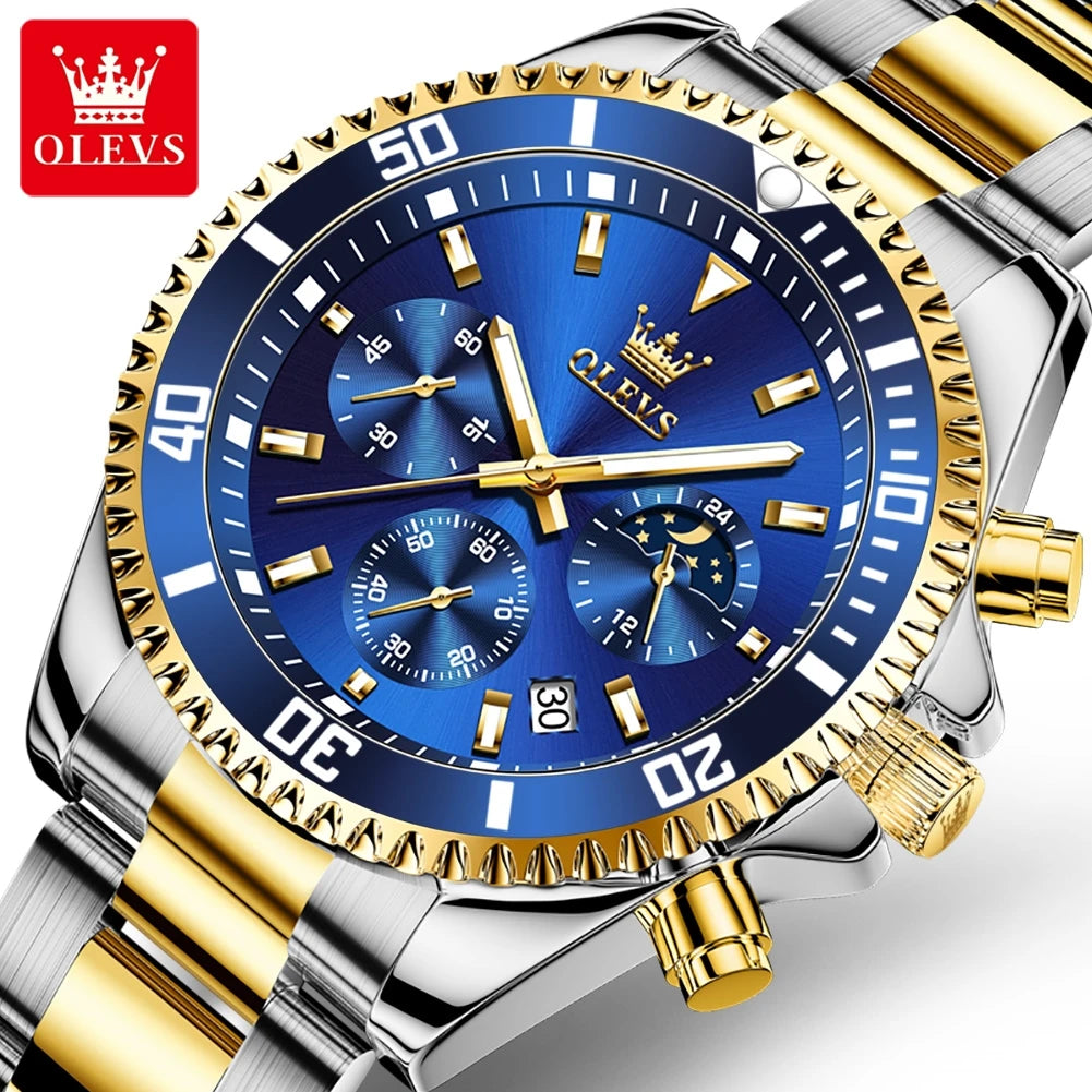 Luxury OLEVS 2870 Waterproof Chronograph Luminosos Analogue Crescent Steel Multifuncional Com Tres Olhos Homem Quartz SmartWatch