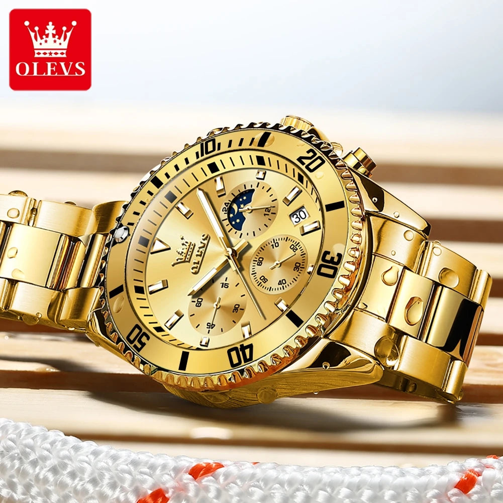 Luxury OLEVS 2870 Waterproof Chronograph Luminosos Analogue Crescent Steel Multifuncional Com Tres Olhos Homem Quartz SmartWatch
