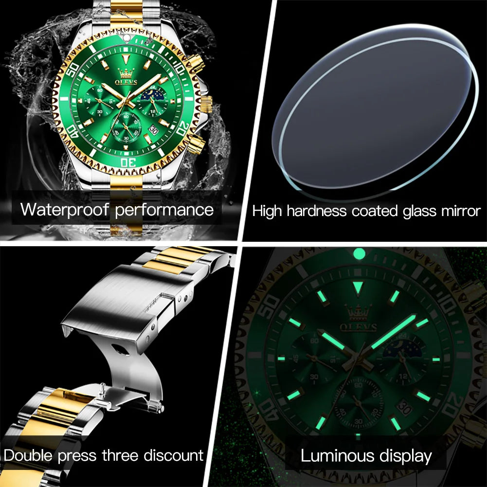 Luxury OLEVS 2870 Waterproof Chronograph Luminosos Analogue Crescent Steel Multifuncional Com Tres Olhos Homem Quartz SmartWatch