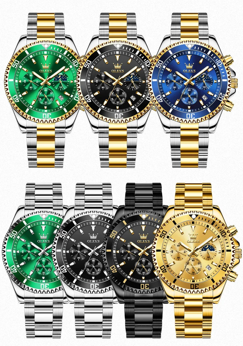 Luxury OLEVS 2870 Waterproof Chronograph Luminosos Analogue Crescent Steel Multifuncional Com Tres Olhos Homem Quartz SmartWatch