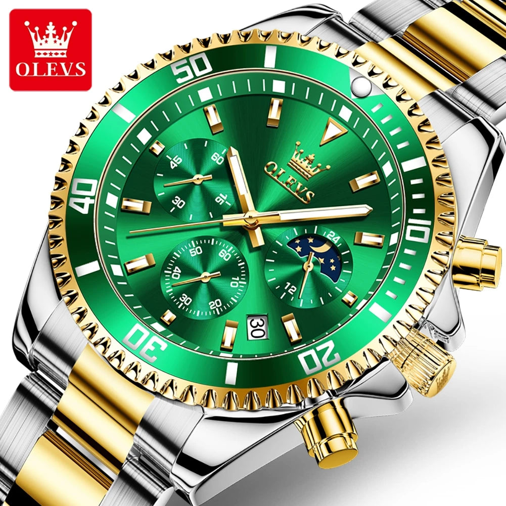 Luxury OLEVS 2870 Waterproof Chronograph Luminosos Analogue Crescent Steel Multifuncional Com Tres Olhos Homem Quartz SmartWatch