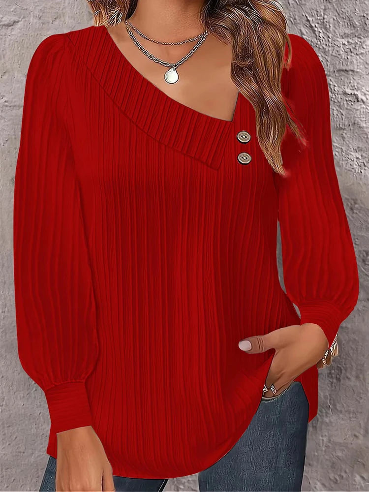 2024 Autumn Winter New Simple Button V-neck Pullover Women's Solid Long Sleeve Casual T-shirts Elegant Lady Blouses White Top