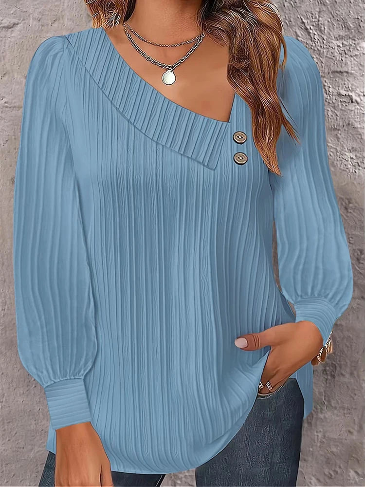 2024 Autumn Winter New Simple Button V-neck Pullover Women's Solid Long Sleeve Casual T-shirts Elegant Lady Blouses White Top