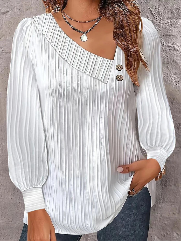 2024 Autumn Winter New Simple Button V-neck Pullover Women's Solid Long Sleeve Casual T-shirts Elegant Lady Blouses White Top