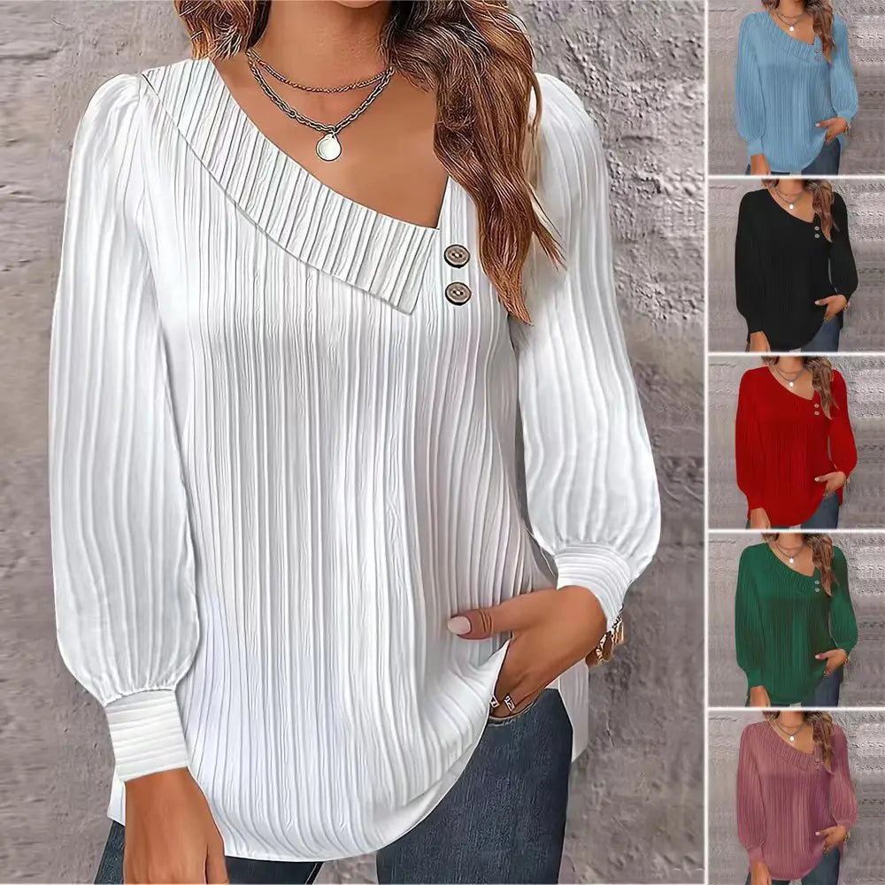 2024 Autumn Winter New Simple Button V-neck Pullover Women's Solid Long Sleeve Casual T-shirts Elegant Lady Blouses White Top