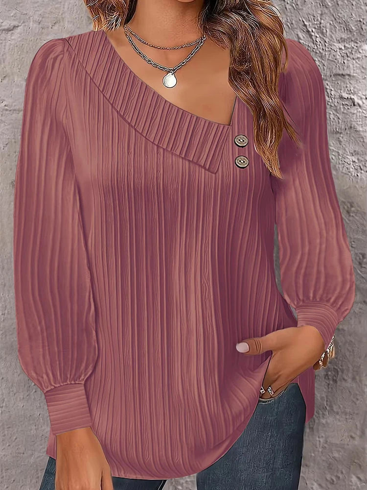 2024 Autumn Winter New Simple Button V-neck Pullover Women's Solid Long Sleeve Casual T-shirts Elegant Lady Blouses White Top