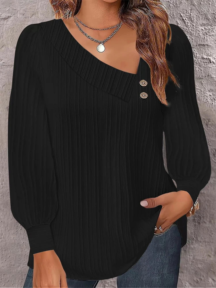 2024 Autumn Winter New Simple Button V-neck Pullover Women's Solid Long Sleeve Casual T-shirts Elegant Lady Blouses White Top